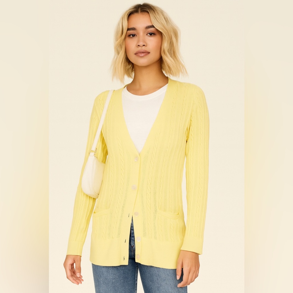 LL Bean Yellow Cotton Cable Knit Cardigan Sweater Sz. L